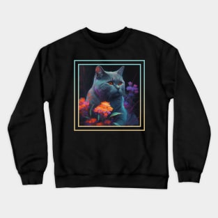 Puffy Chartreux Cat Vibrant Tropical Flower Digital Oil Painting Portrait Crewneck Sweatshirt